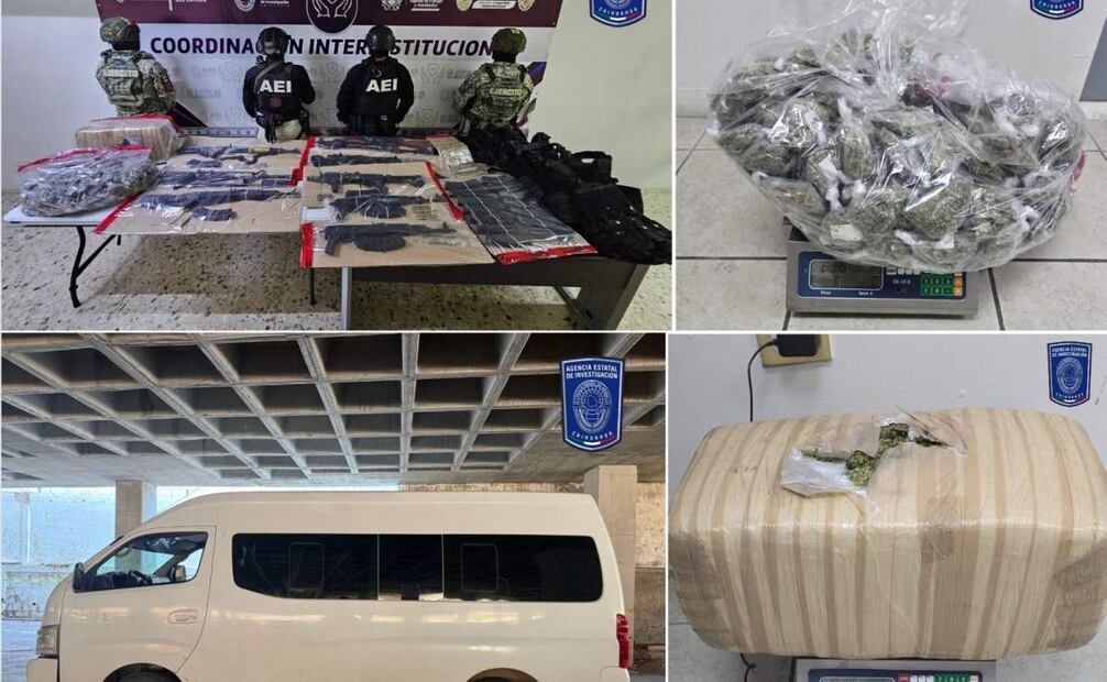 Armas y diversos tipos de drogas fueron asegurados durante el operativo en Chihuahua (12/07/2025). Foto: Especial