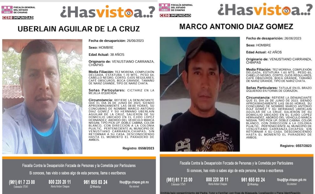 Fichas de búsqueda de dos tzotziles desaparecidos hace dos años en Chiapas (26/06/2025). Foto: Especial