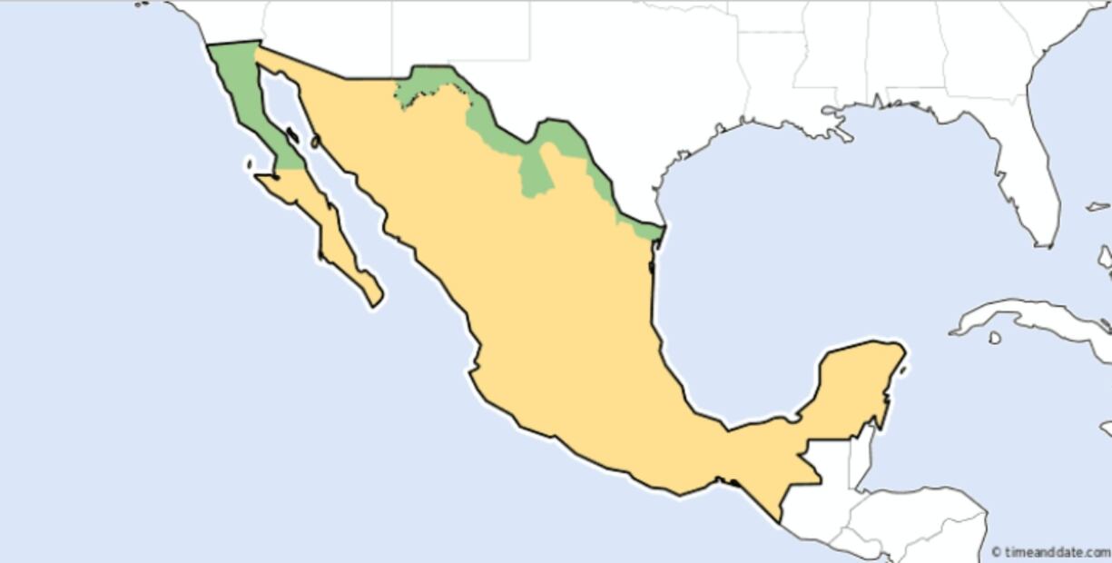 En verde, áreas en México que utilizarán el horario de verano en 2025. Foto: Time and Date AS