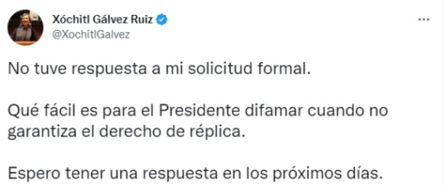 Qué fácil es difamar, le dice Xóchitl Gálvez a AMLO tras negarle espacio en la mañanera