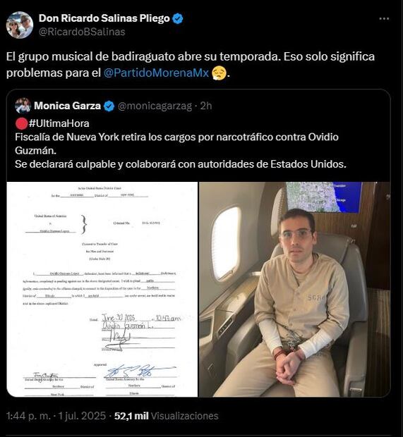 Salinas Pliego reacciona tras enterarse que Ovidio Guzmán se declarará culpable en EU. Foto: Captura de pantalla
