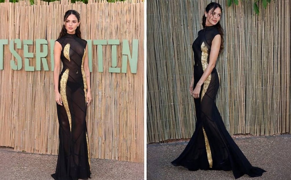 Eiza González luce vestido con detalles dorados. Foto: Especial. Instagram @harris_reed