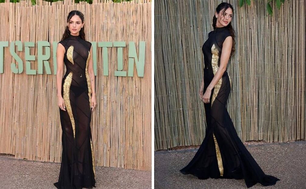 Eiza González luce vestido con detalles dorados. Foto: Especial. Instagram @harris_reed