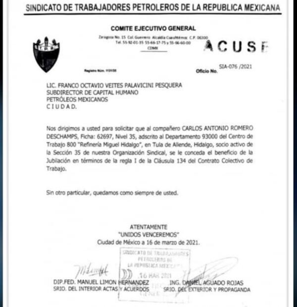 Sindicato solicita a Pemex jubilar a Carlos Romero Deschamps