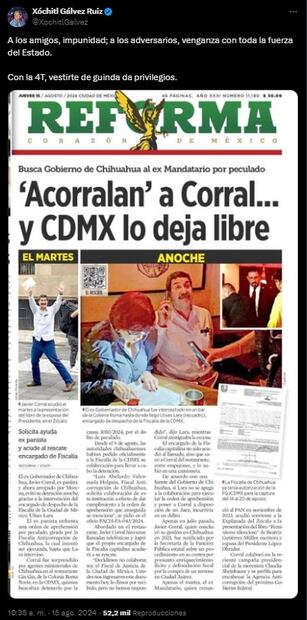 "A los amigos, impunidad; a los adversarios, venganza con toda la fuerza del Estado", escribió la excandidata presidencial en X. Foto: Captura de pantalla de la cuenta de X de @XochitlGalvez