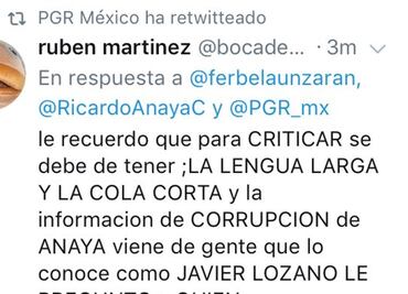 PGR retuitea comentario sobre Anaya y Lozano; luego lo borra