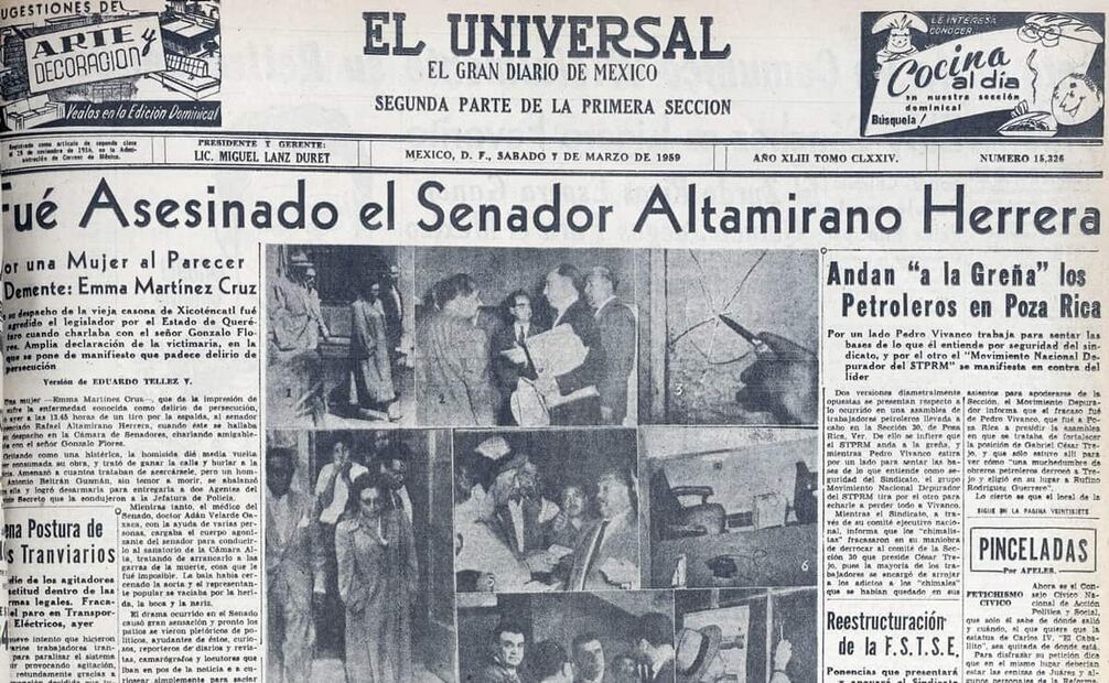 Plana de EL UNIIVERSAL que informó sobre el asesinato de Altamirano Herrera, 7 de marzo de 1959. Tan impactante fue su fallecimiento que autoridades y pueblo de Querétaro decretaron día de luto en el estado. Foto: Hemeroteca EL UNIVERSAL