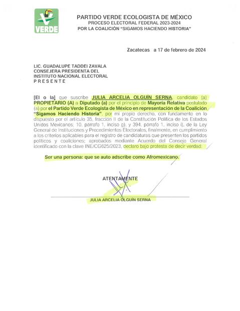 Carta de autoadscripción que el Partido Verde Ecologista de México presentó para cumplir con su registro como candidata a diputada federal por Zacatecas