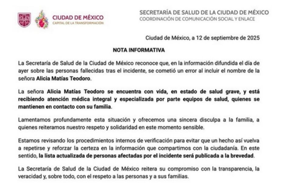 La Secretaría de Salud de la Ciudad de México reconoció que cometió un error al incluir en la lista de fallecidos a la señora Alicia Matías Teodoro. Foto: @SSaludCdMx
