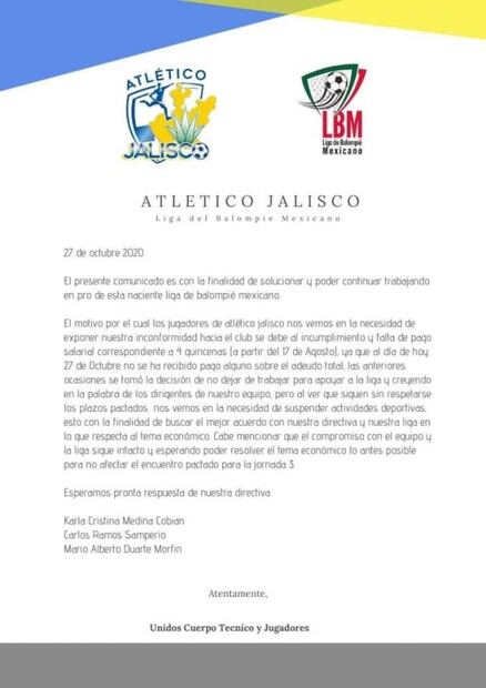 Atlético Jalisco se suma a equipos que no han pagado a sus jugadores en la LBM