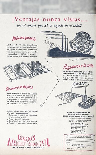 Publicidad de 1950 con las ventajas de los bonos. El proyecto original involucró al Nacional Monte de Piedad como la encargada de emitir y respaldar los bonos, bajo la razón social Nacional Monte de Piedad Institución de Ahorro S.A., pero mejor se estableció el Patronato del Ahorro Nacional. Foto: Hemeroteca EL UNIVERSAL.