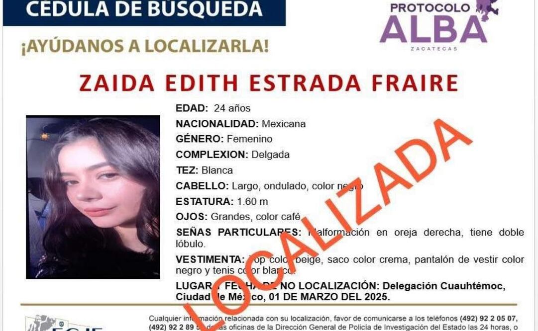 Es localizada con vida Zaida Edith Estrada Fraire. (04/03/2025) Foto: Redes Sociales FGJE