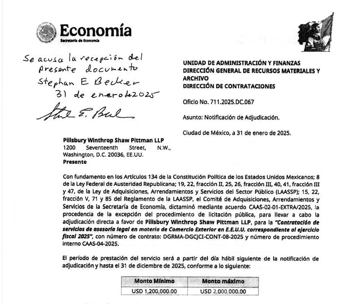 Experto en derecho internacional. La Secretaría de Economía detalla que la firma que prestará los servicios de representación jurídica, debe conocer al pie de letra el sistema jurídico de la Unión Americana.