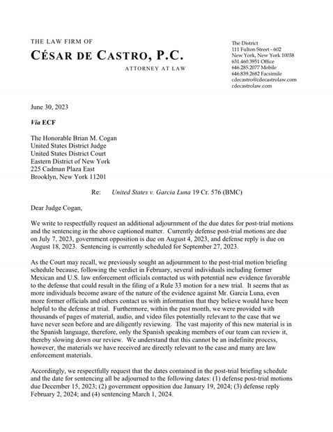 Carta dirigida a la Corte de Nueva York de la defensa de Genaro García Luna. Foto: Especial