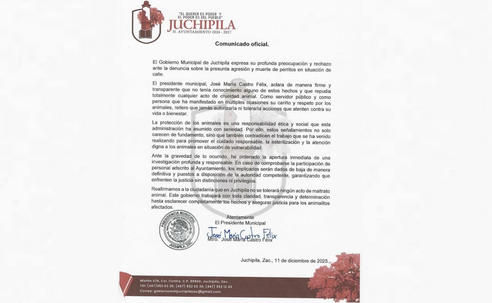 El alcalde de Juchipila emitió un comunicado en el que se deslinda de la responsabilidad.
Foto: Especial.