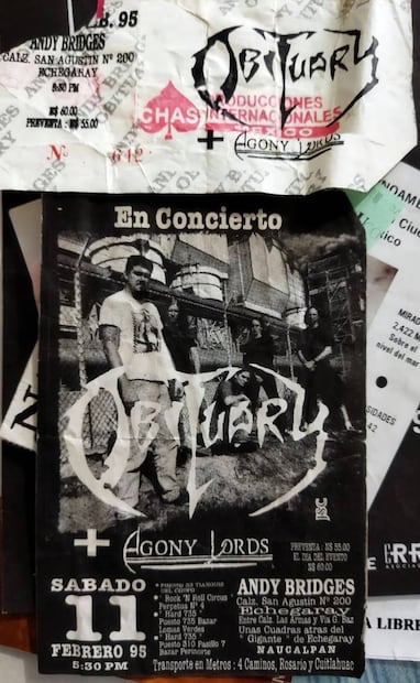 Boleto y volante de las presentaciones de Obituary en el Andy Bridges, 1995. Cortesía Edgar Javier Gutiérrez.