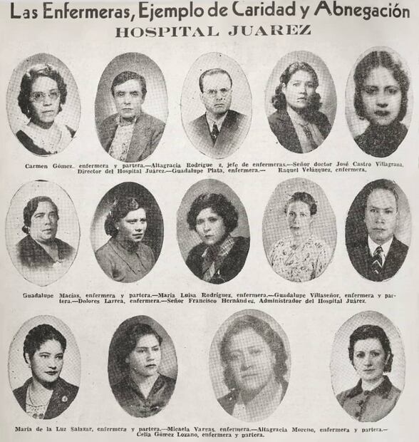 Plana de EL UNIVERSAL ILUSTRADO de 1939, con el entonces director del Hospital Juárez y fundador del Día de la Enfermera, doctor José Castro Villagrana (primera línea, centro), y algunas colaboradoras del nosocomio. “Ejemplo de caridad y abnegación”, título que describe a tan nobles personajes: Foto: Hemeroteca EL UNIVERSAL.