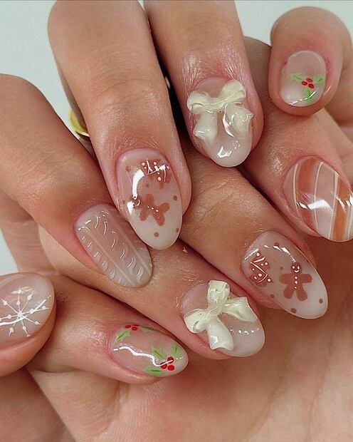 Uñas con plaid verde y detalles dulces navideños. Foto: Instagram @n.nadia_nails