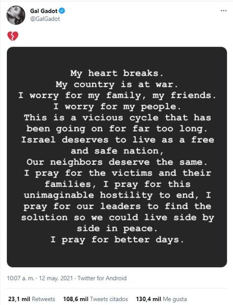 Publicación de Gal Gadot sobre conflicto entre Palestina e Israel crea polémica