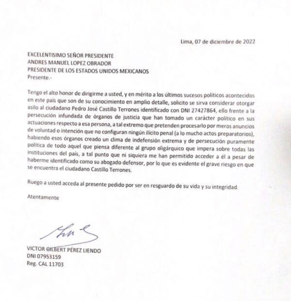 "Ruego a usted acceda al pedido"; así el documento oficial con que se pide a AMLO asilo a Pedro Castillo