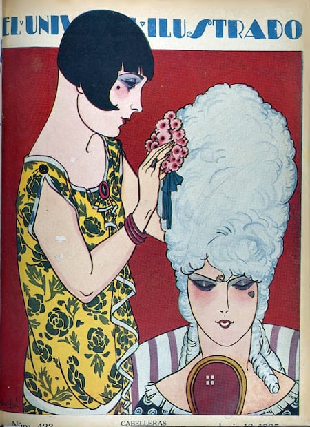 El Universal Ilustrado retrató el uso de las flores en la moda según épocas y culturas distintas: la entonces moderna década de 1920 y el siglo XVIII. Hemeroteca EL UNIVERSAL.