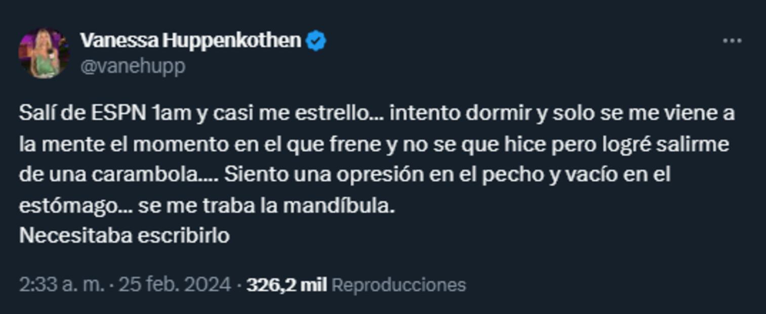 Vanessa Huppenkothen contó que libró un accidente automovilístico - Foto: Captura de pantalla (X)