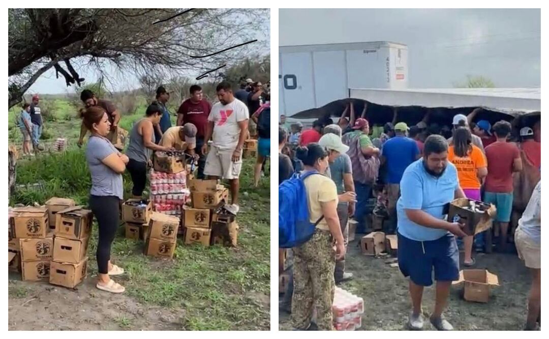 Tráiler con cerveza vuelca; en minutos, multitud saquea toda la carga en Tamaulipas. Foto: Especial