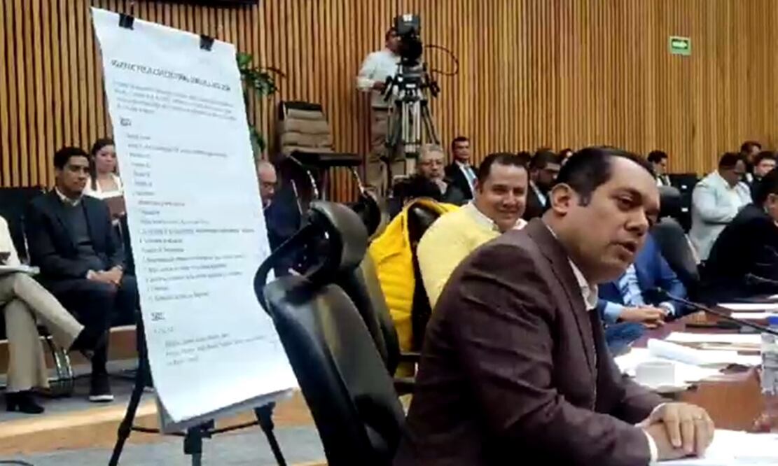 Durante la sesión del Consejo General del INE, el también diputado de Morena, Sergio Gutiérrez colocó una mampara con el acuerdo revelado por el dirigente del PAN, Marko Cortés. Foto: especial