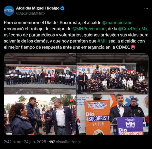 Alcaldía Miguel Hidalgo reconoce labor de socorristas, voluntarios y paramédicos (24/06/2025). Foto: Captura de pantalla