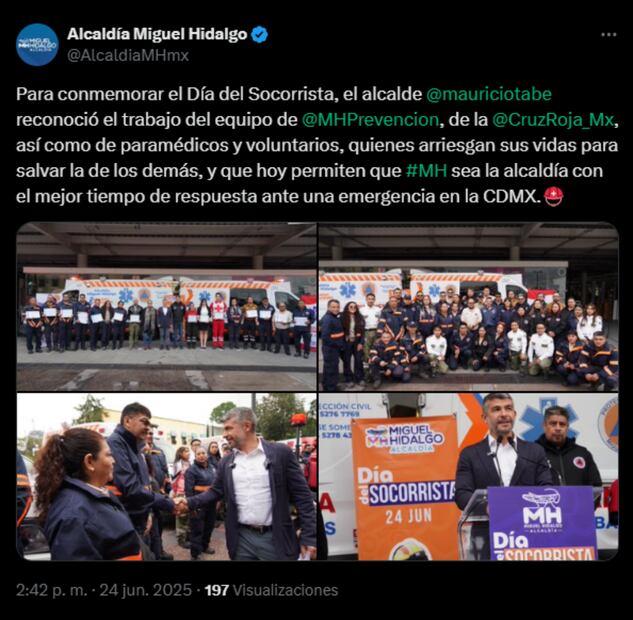 Alcaldía Miguel Hidalgo reconoce labor de socorristas, voluntarios y paramédicos (24/06/2025). Foto: Captura de pantalla