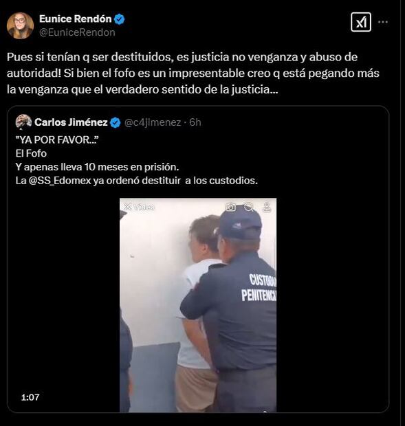 Eunice Rendón reacciona a agresión a “Fofo” Márquez en penal de Barrientos. Foto: Captura de pantalla