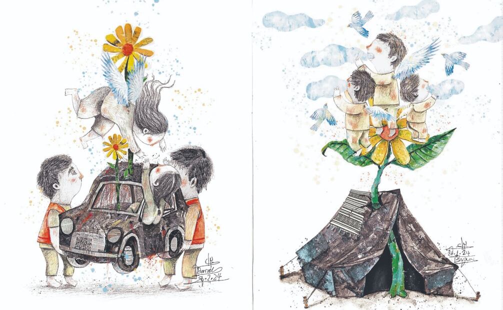Los dibujos de Alawoor están basados en historias reales, como la vida de los niños en tiendas de campaña o la muerte de dos pequeñas en un auto durante un bombardeo. Dibujos de Baraa Alawoor