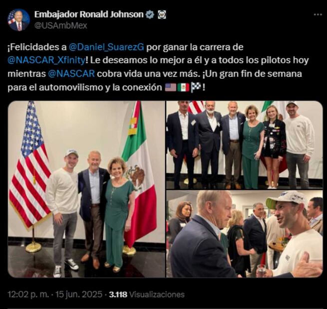 Ronald Johnson, embajador de Estados Unidos en México, felicitó al piloto mexicano Daniel Suárez por su triunfo en la NASCAR. Foto: Tomada de la cuenta de X de @USAmbMex.
