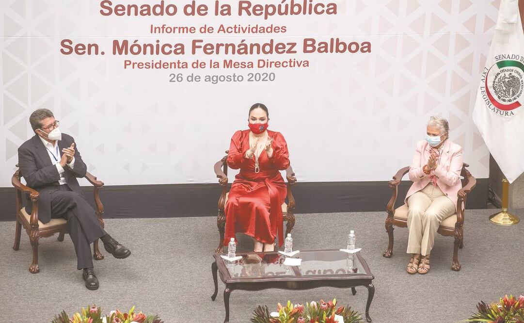 Los senadores Ricardo Monreal, Mónica Fernández y la secretaria Olga Sánchez Cordero, entre otros, durante el informe en el Senado. Foto: GERMÁN ESPINOSA. EL UNIVERSAL