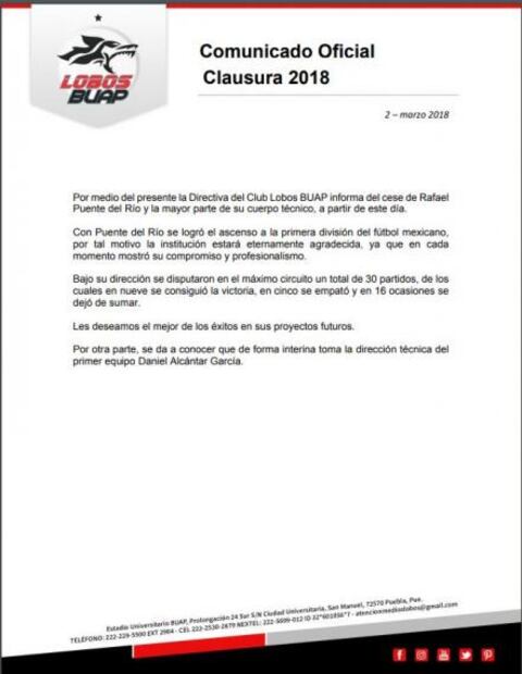 Rafa Puente Del Río es cesado de Lobos BUAP