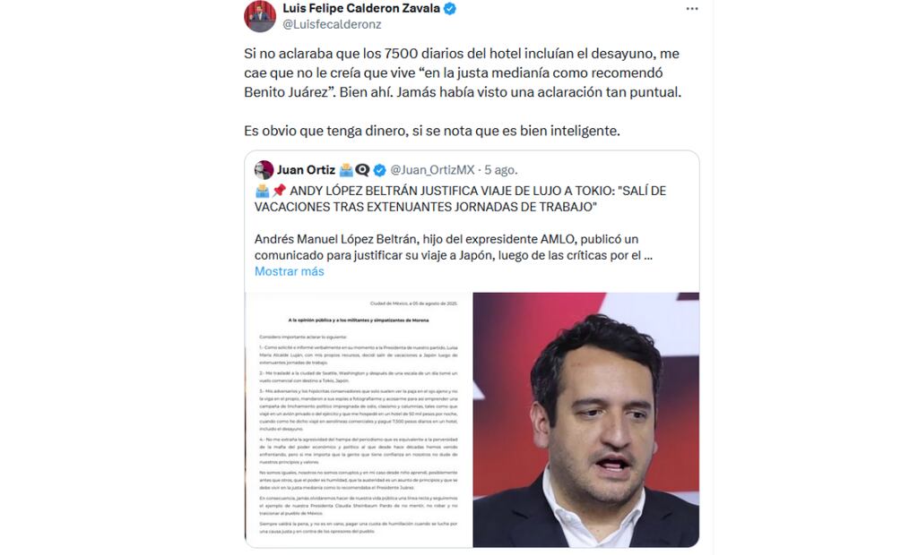 Calderón Zavala critica a "Andy" López por sus vacaciones en Japón (08/08/2025). Foto: Captura de pantalla