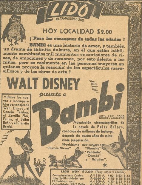 Estreno de "Bambi" en el Cine Lido, ubicado en la colonia Condesa en la Ciudad de México. Hemeroteca EL UNIVERSAL.