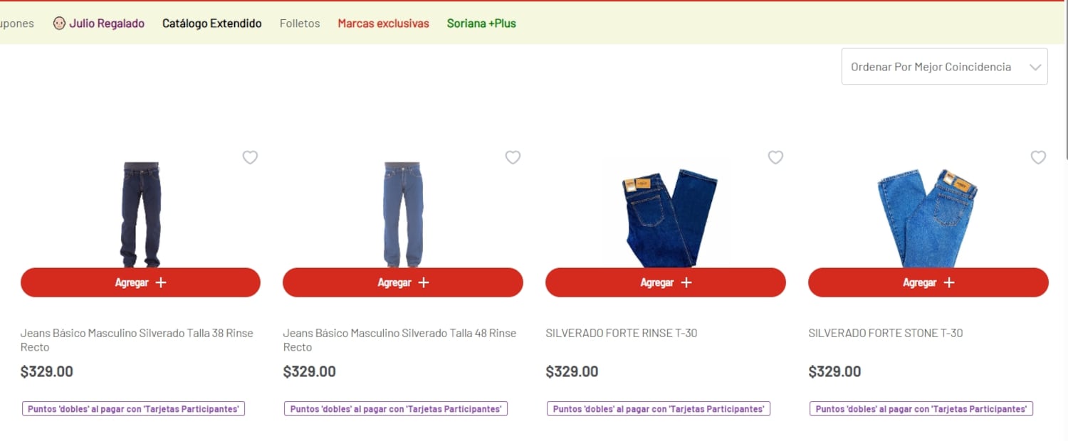 estos son los jeans aprobados por Profeco al 2×. Fuente: Página oficial de Soriana