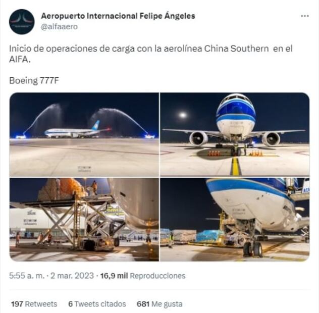 ¿Por qué se recibió con chorros de agua a un avión chino en el AIFA? 