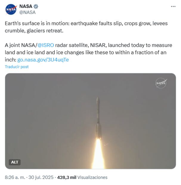 La NASA celebró el lanzamiento exitoso del satélite a través de sus redes sociales. Foto: X