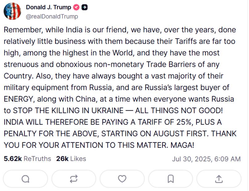 Donald Trump a través de su red social Truth Social. Foto: captura de pantalla