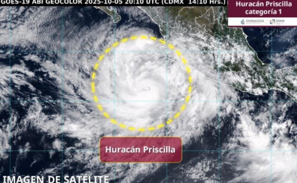 Imagen satelital del huracán categoría 1  "Priscilla" (05/10/2025). Foto: Conagua