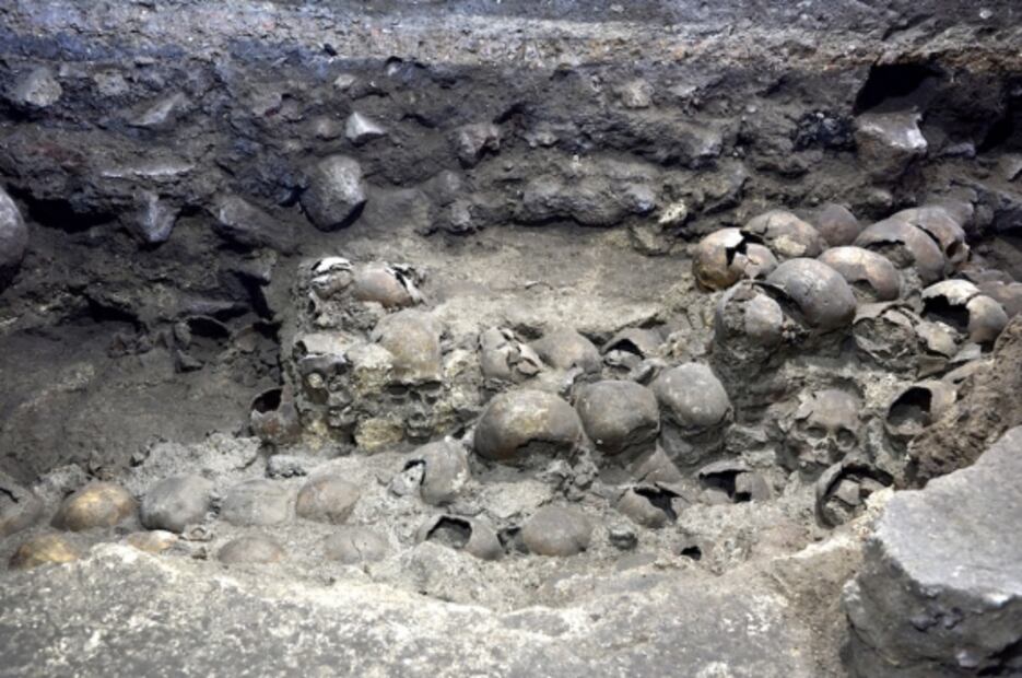 Parte de Tzompantli azteca con 119 cráneos es hallado detrás de la Catedral