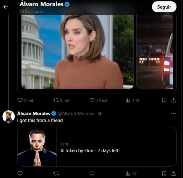 Álvaro Morales informó en redes sociales que fue hackeado