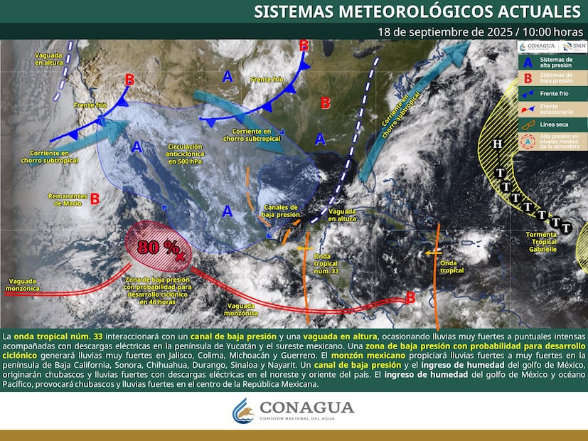 El SMN mantiene en vigilancia dos sistemas meteorológicos en el Océano Atlántico y Pacífico. Foto: CONAGUA