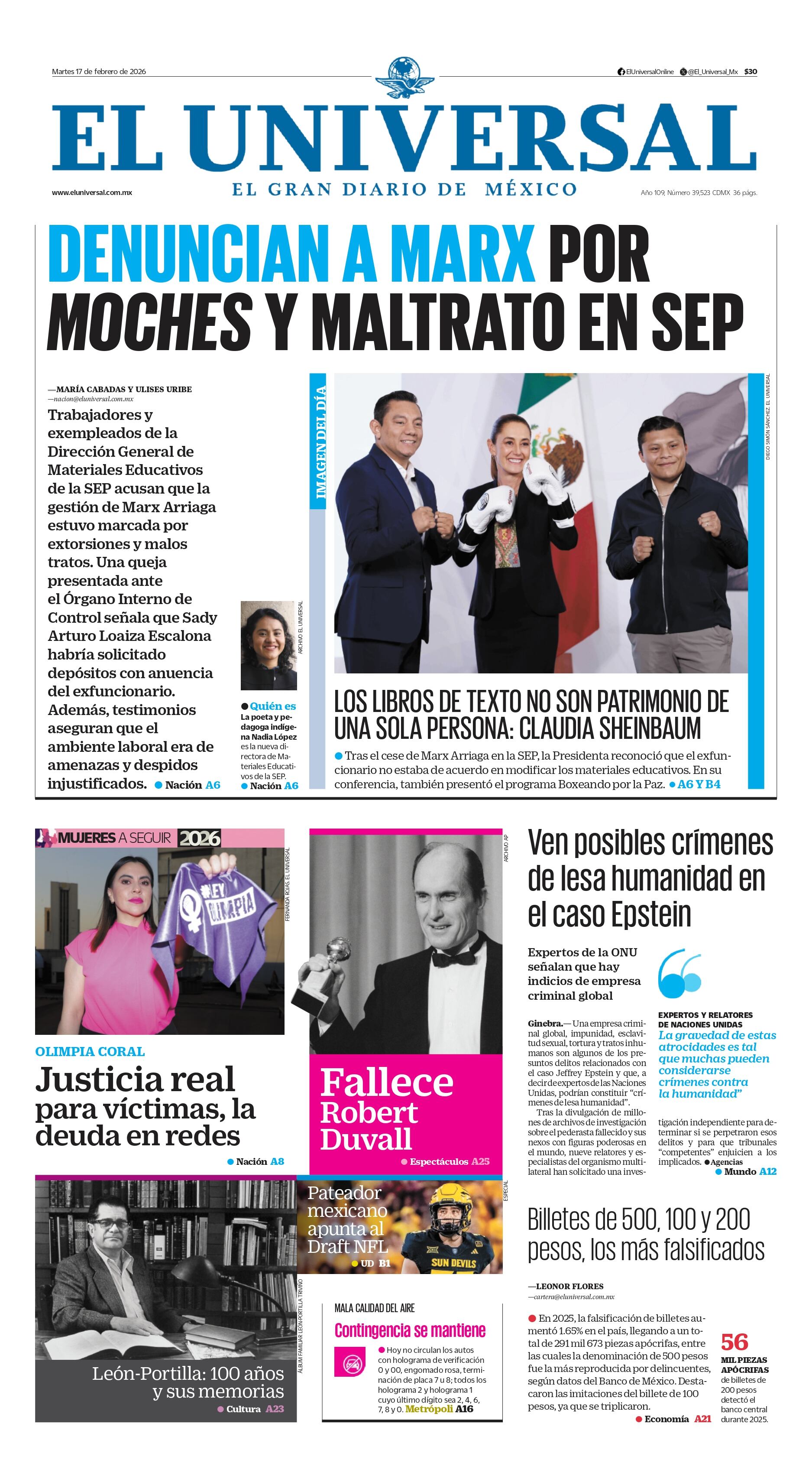 Portada impresa del 17 de febrero de 2026