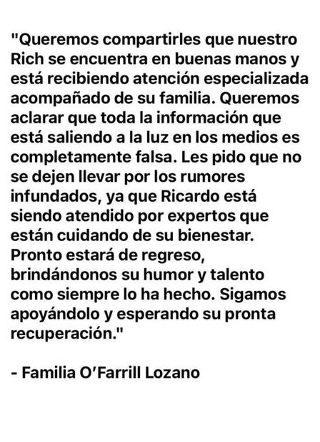 Comunicado Familia Ricardo O'Farrill
