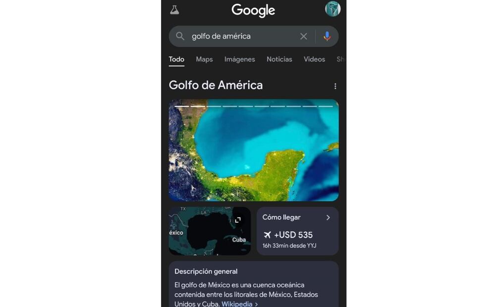 En EU, Google arroja resultados para Golfo de América cuando buscas Golfo de México. Imagen: captura de pantalla