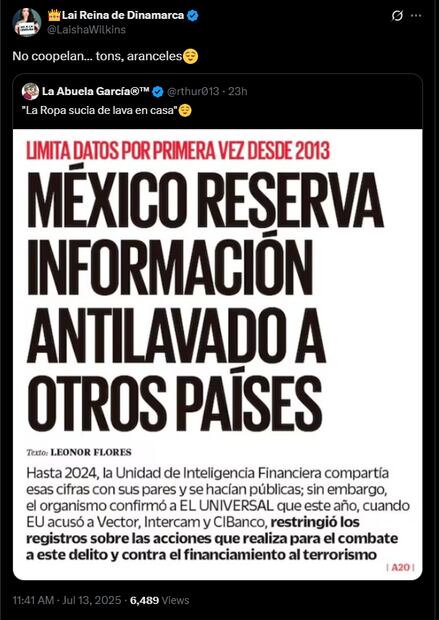 La actriz criticó con ironía la medida de México de reservar datos financieros a otros países tras señalamientos de Estados Unidos

Foto: Captura de pantalla en X
