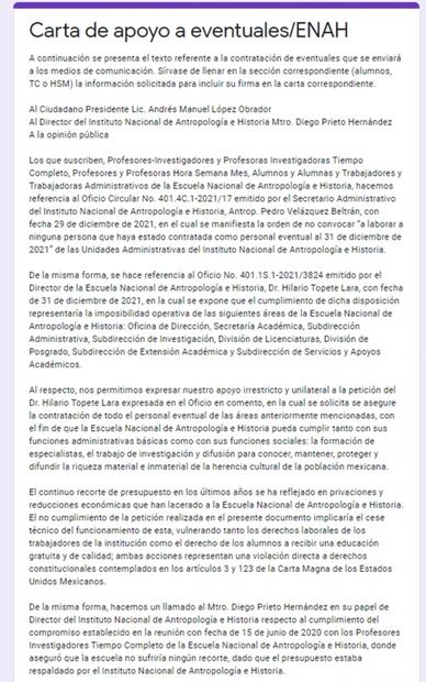 Comunidad de la ENAH a través de carta exige a INAH contratación de eventuales